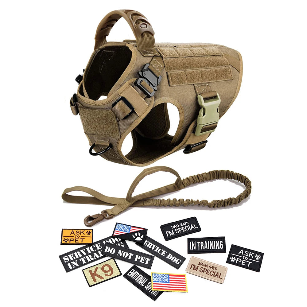 Military Large Dog Harness Collar Leash Bags Patches Set