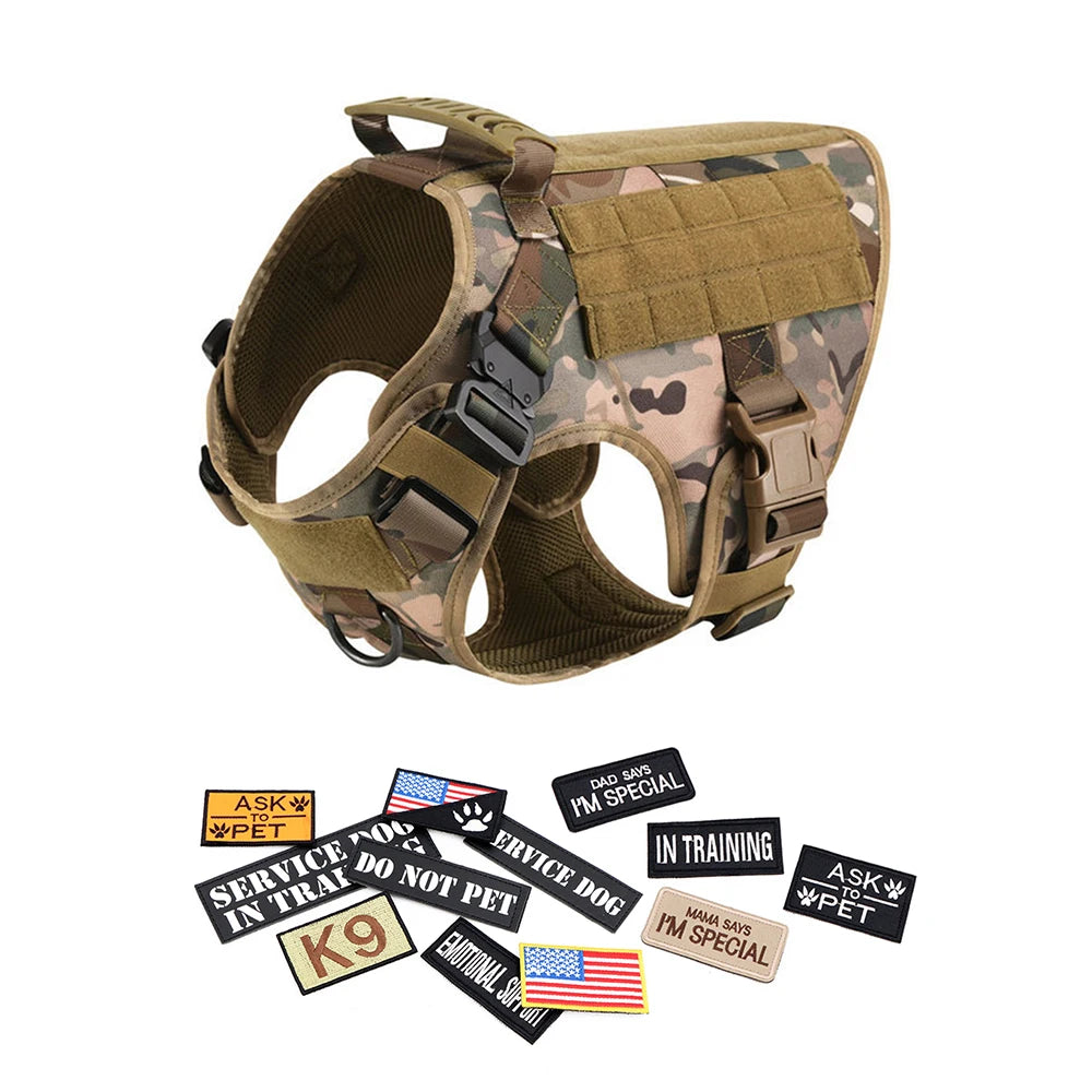 Military Large Dog Harness Collar Leash Bags Patches Set