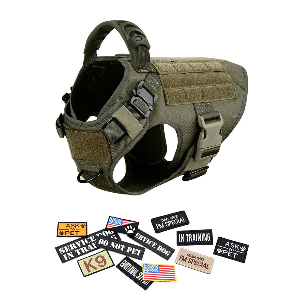 Military Large Dog Harness Collar Leash Bags Patches Set