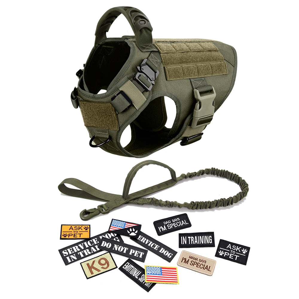 Military Large Dog Harness Collar Leash Bags Patches Set