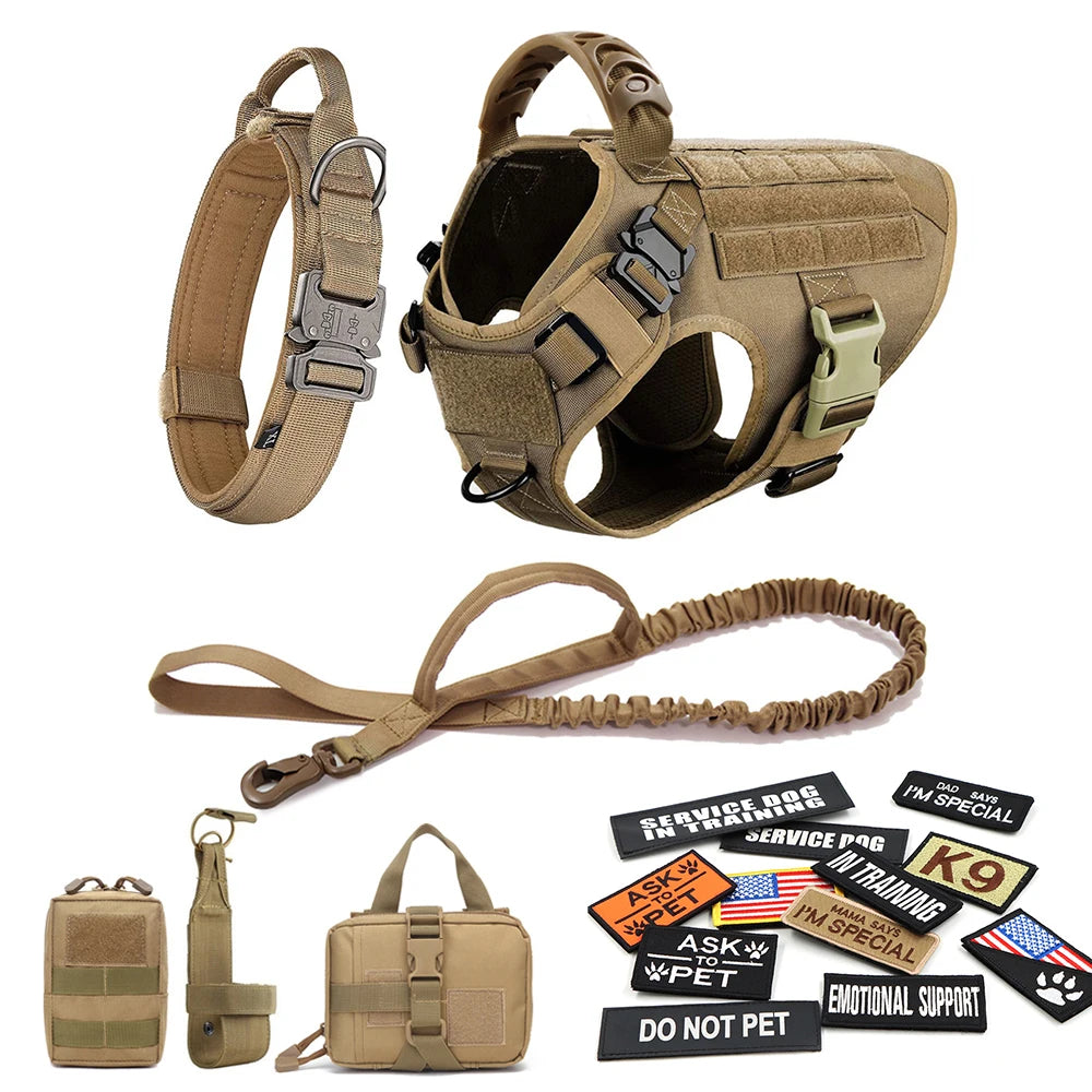 Military Large Dog Harness Collar Leash Bags Patches Set