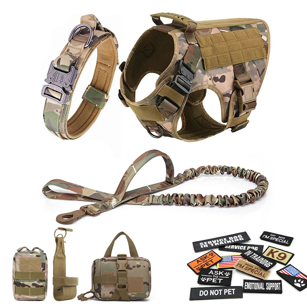 Military Large Dog Harness Collar Leash Bags Patches Set