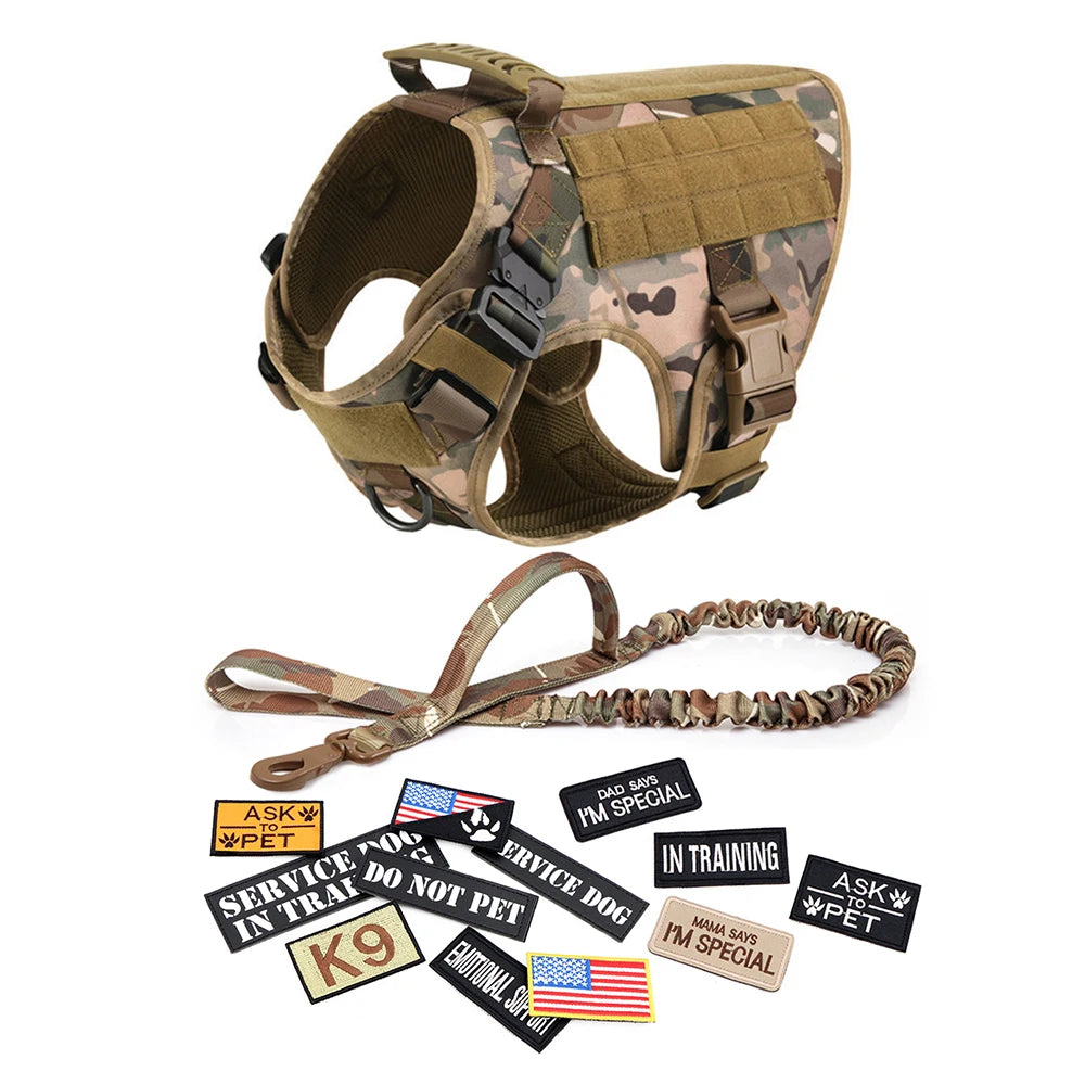 Military Large Dog Harness Collar Leash Bags Patches Set