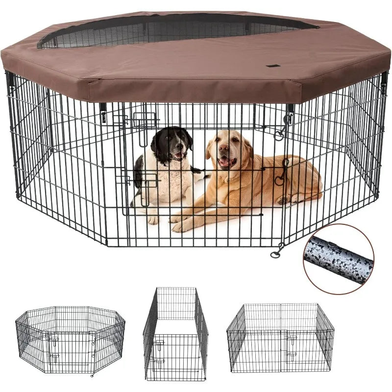 Foldable Silver Metal Dog Exercise Playpen with Top Cover