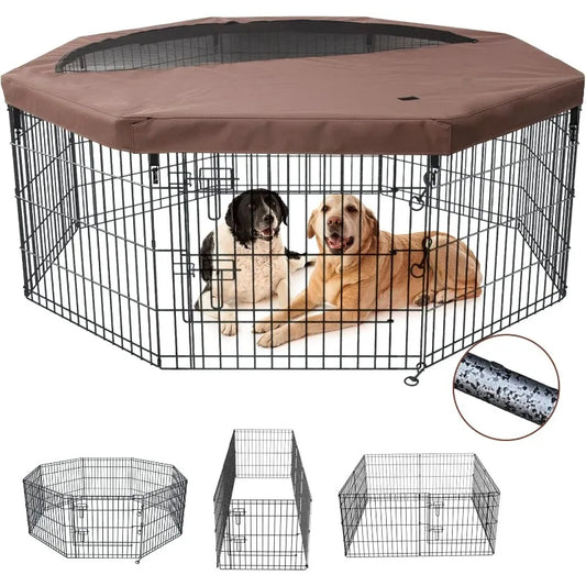 Foldable Silver Metal Dog Exercise Playpen with Top Cover
