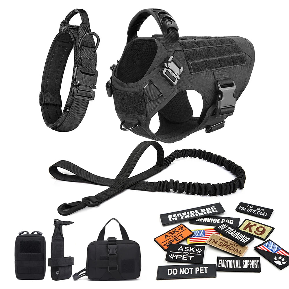Military Large Dog Harness Collar Leash Bags Patches Set