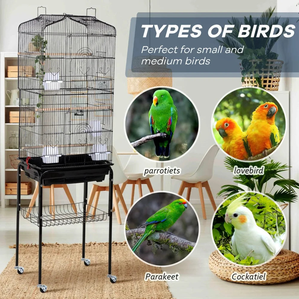 Play Open Top Medium Small Bird Cage with Detachable Rolling Stand for Parrot Lovebirds Finches Canaries Parakeets
