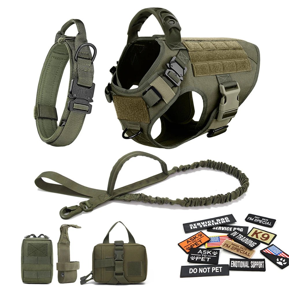Military Large Dog Harness Collar Leash Bags Patches Set