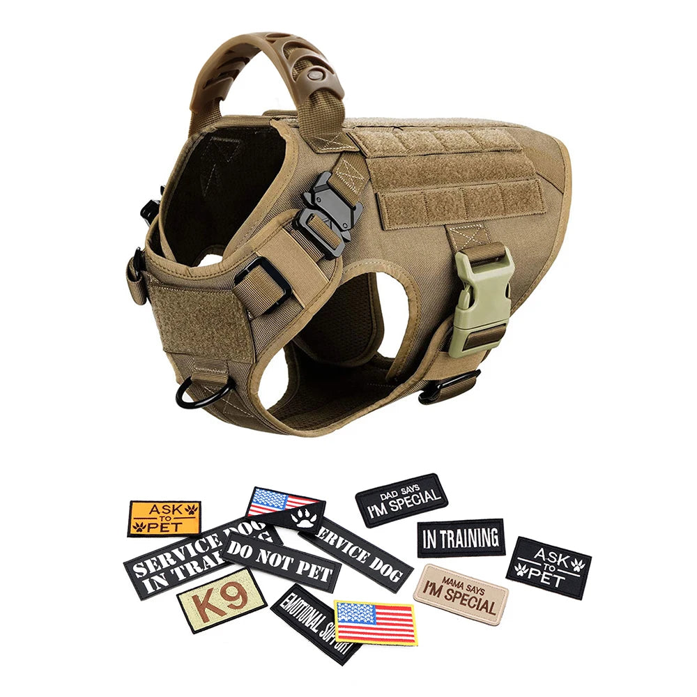 Military Large Dog Harness Collar Leash Bags Patches Set