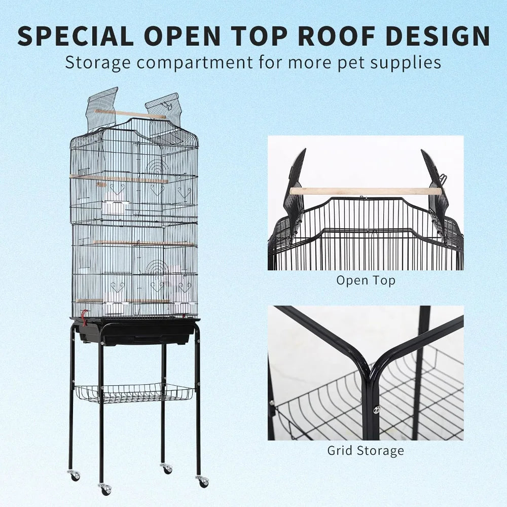 Play Open Top Medium Small Bird Cage with Detachable Rolling Stand for Parrot Lovebirds Finches Canaries Parakeets