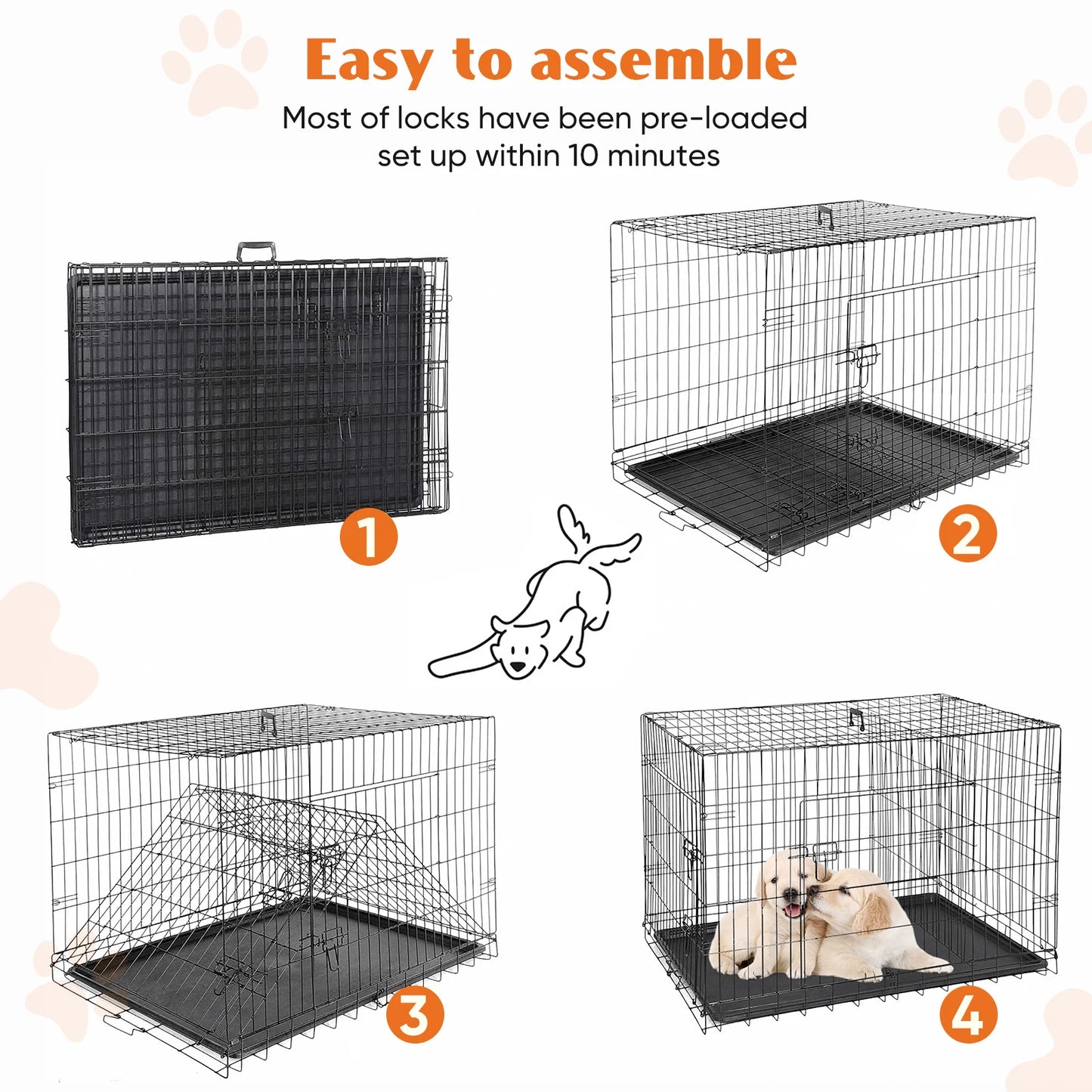 Double Door Folding Metal Wire Dog Cage with Plastic Leak-Proof Pan Tray