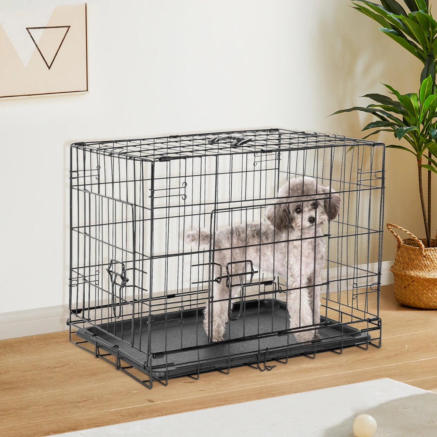 Double Door Folding Metal Wire Dog Cage with Plastic Leak-Proof Pan Tray