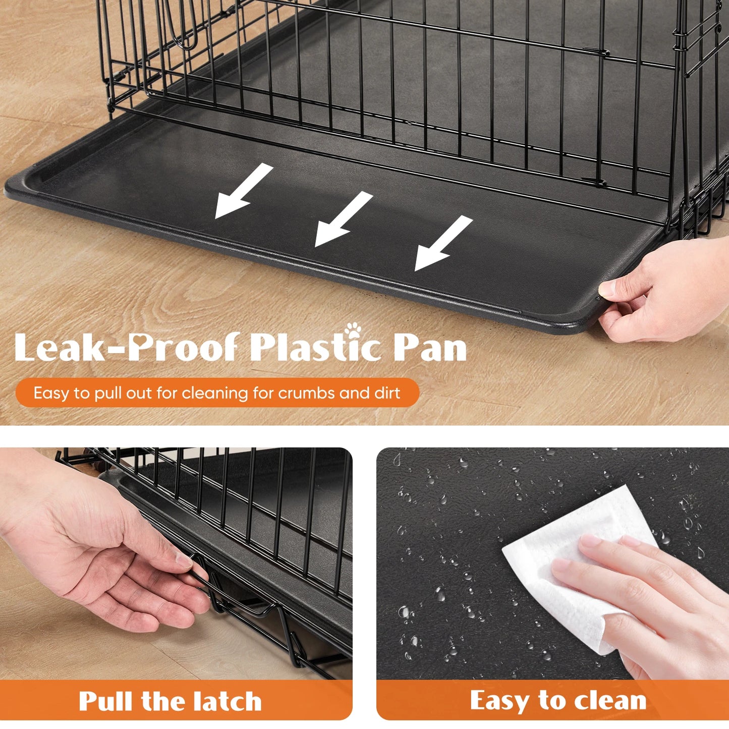 Double Door Folding Metal Wire Dog Cage with Plastic Leak-Proof Pan Tray