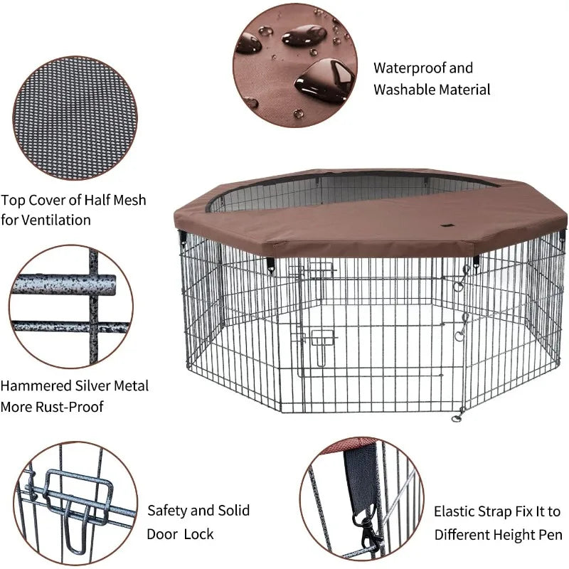 Foldable Silver Metal Dog Exercise Playpen with Top Cover