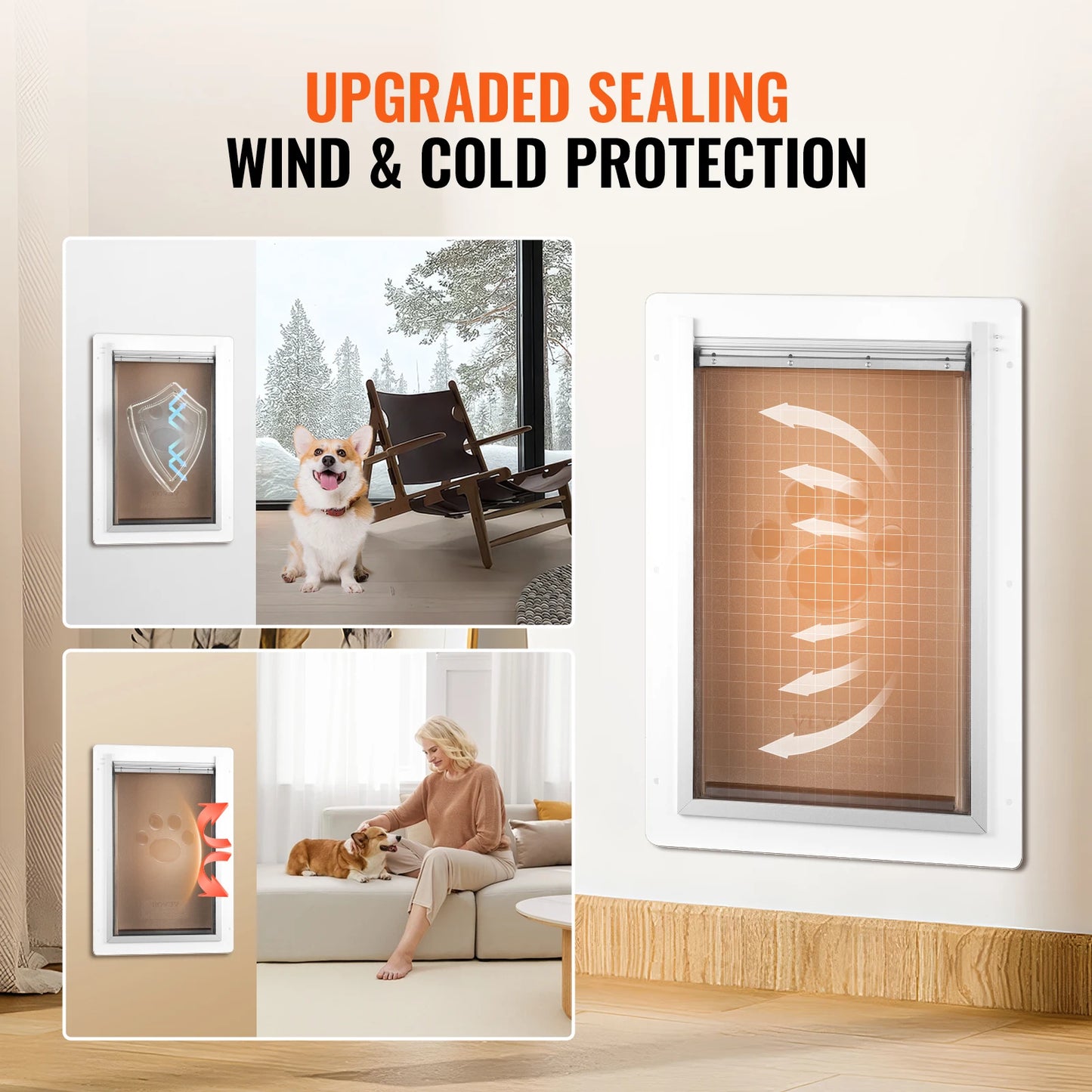 VEVOR Pet Door Metal Frame with Lock and 3-Flap System Weatherproof Doggy Door Easy to Install in Interior or Exterior Walls