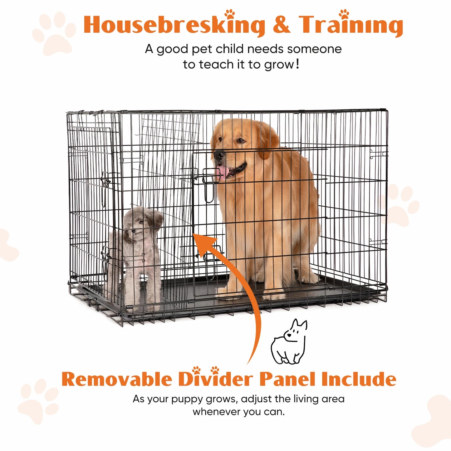 Double Door Folding Metal Wire Dog Cage with Plastic Leak-Proof Pan Tray