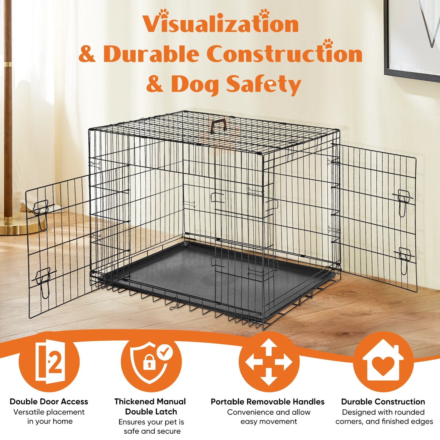 Double Door Folding Metal Wire Dog Cage with Plastic Leak-Proof Pan Tray