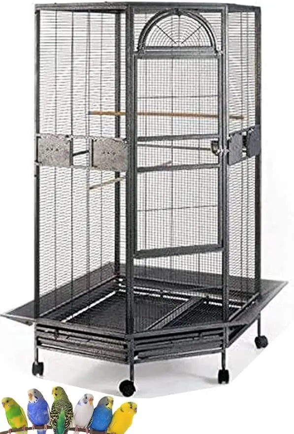 X-Large Corner Parrot Bird Flight Breeding Wrought Iron Rolling Home Cage Solid Plated Feeder Doors with Around Metal Seed Guard